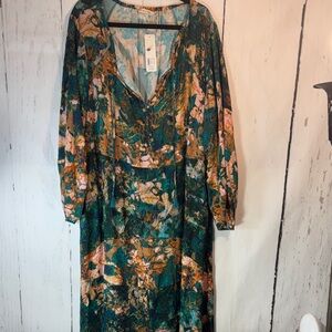 Soft Surroundings Teal and Orange Long Floral/Long Sleeve Dress